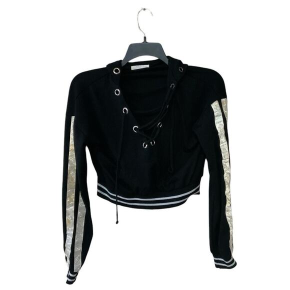 Nadia Cropped Vintage Sweatshirt Women M Drawstring Vneck Hooded Casual Pullover - Picture 3 of 10